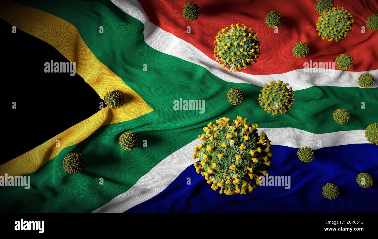 COVID-19 molecole di Coronavirus sulla bandiera sudafricana - crisi sanitaria Aumento dei casi di COVID - vittime pandemiche del virus sudafricano Sfondo astratto Foto Stock