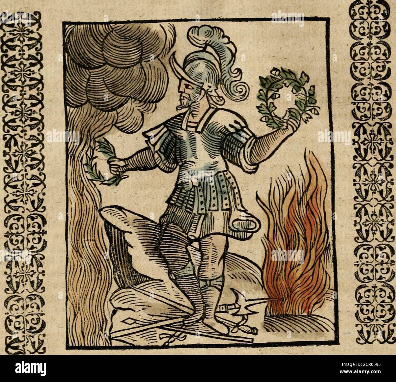 . Herrn Caesaris Ripa von Perusien, Ritters von St. Mauritius und Lazaro [et]c., Erneuerte Iconologia, oder, Bildersprach : worinen allerhand anmuhtige Aussbildungen ... erkläret werden . ium bellen/ von bic*f<r(gac^cjufc|?reibet fürnb/«. € fu 5«. (Ein jutiatv (?arcf er gKatm f!ef)ef jtt>ifc^ctncmtiefen ?Kaucl) unt? ^ampff/ unö einer groffcn fscU*brennenden ^eueif amen/ fct)^uetäleic^tt)DL bct)t)e mit fvb^lillxn unt» unerfc^rocfeuen 2tugen <in/fcaltinttr rcc|)t einen ^ran^on @raf/Efefen von •• infefen« §üffen Foto Stock
