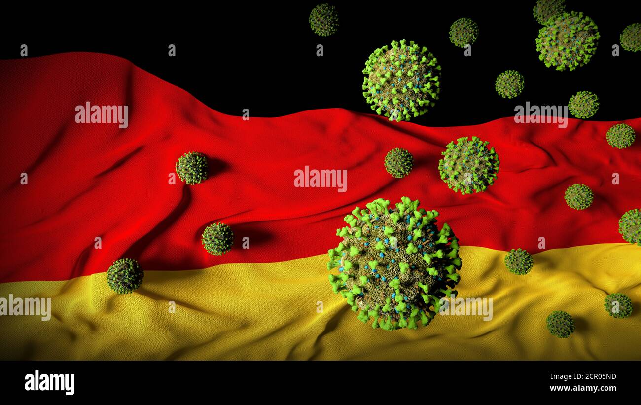 COVID-19 molecole di Coronavirus sulla bandiera tedesca - crisi di salute con Aumento dei casi COVID - Germania Virus Pandemic casualità astratto Sfondo Foto Stock