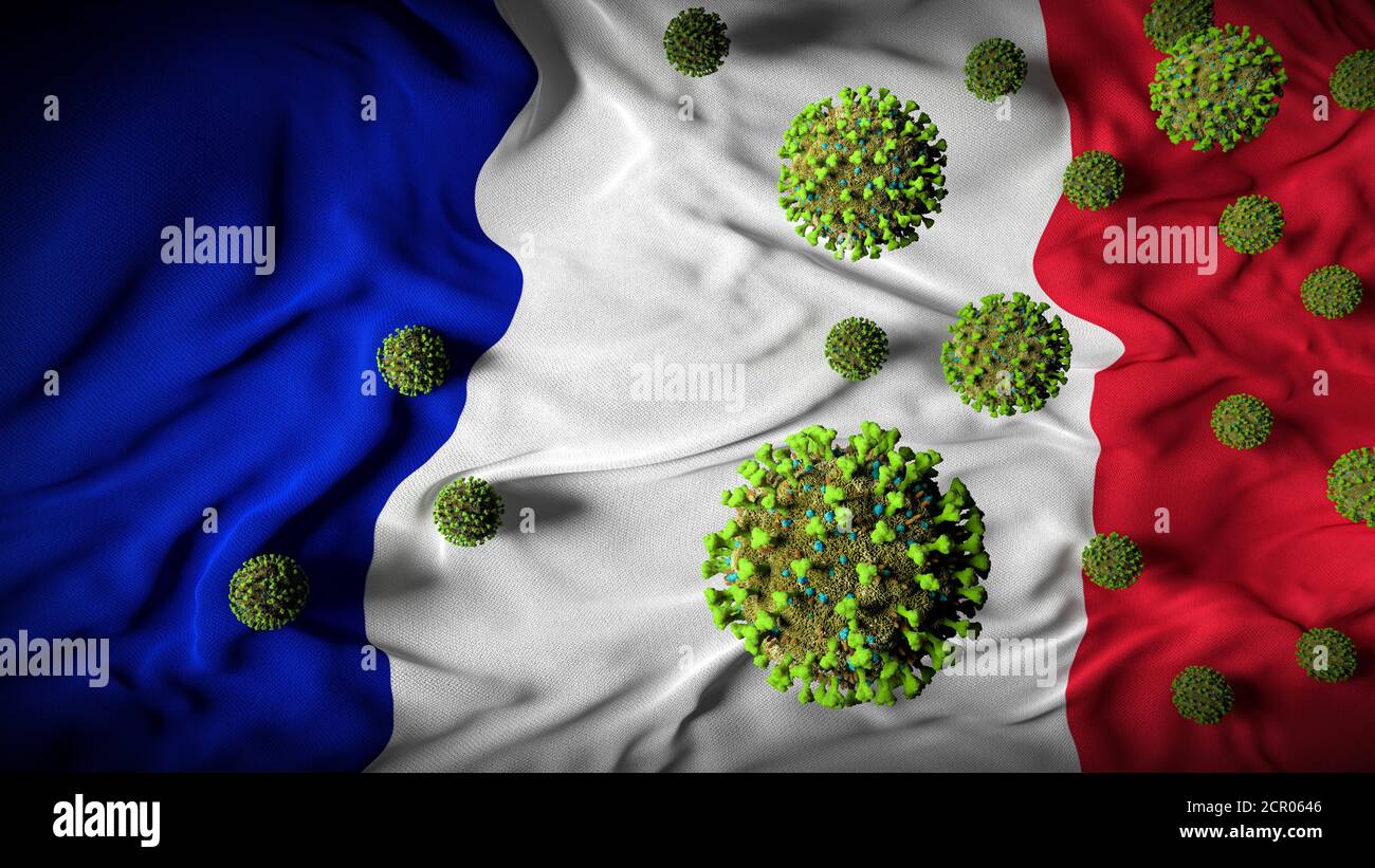 COVID-19 molecole di Coronavirus sulla bandiera francese - crisi di salute con Aumento dei casi COVID - Francia Virus Pandemic casualità astratto Sfondo Foto Stock