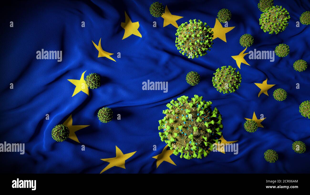 COVID-19 molecole di Coronavirus sulla bandiera dell'Unione europea - crisi sanitaria COVID casi aumento - Europa Battle Virus Pandemic vittime Abstract Sfondo Foto Stock
