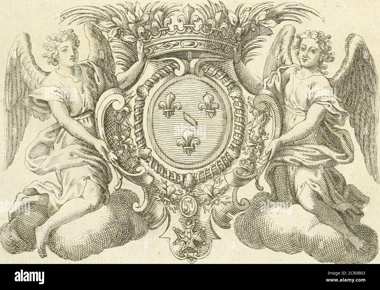 . Description de la carte funebre faite dans l'eglise de Saint André des Arcs : a la memoire de tres haut, tres puissant, tres excellent price François-Louis de Bourbon, Prince de Conty, Prince du Sang, Pair de France; avec des memoires historiques sur toute la vie de ce Prince : pour servir d'explication aux devises & aux peintures employées dans les ornements de la pomp rappresentée icy en deux grandes planches en taille douce . / vrr ^-^ 9^^ -•î^ --iOirJ^Y^^X^Î^. A P A R i S,Chez Raymond Mazieres, Libiaire , rue Saint Jacques, prés la rue de la Parchenii crie , à la Piovidence. M. D C CI X. Foto Stock