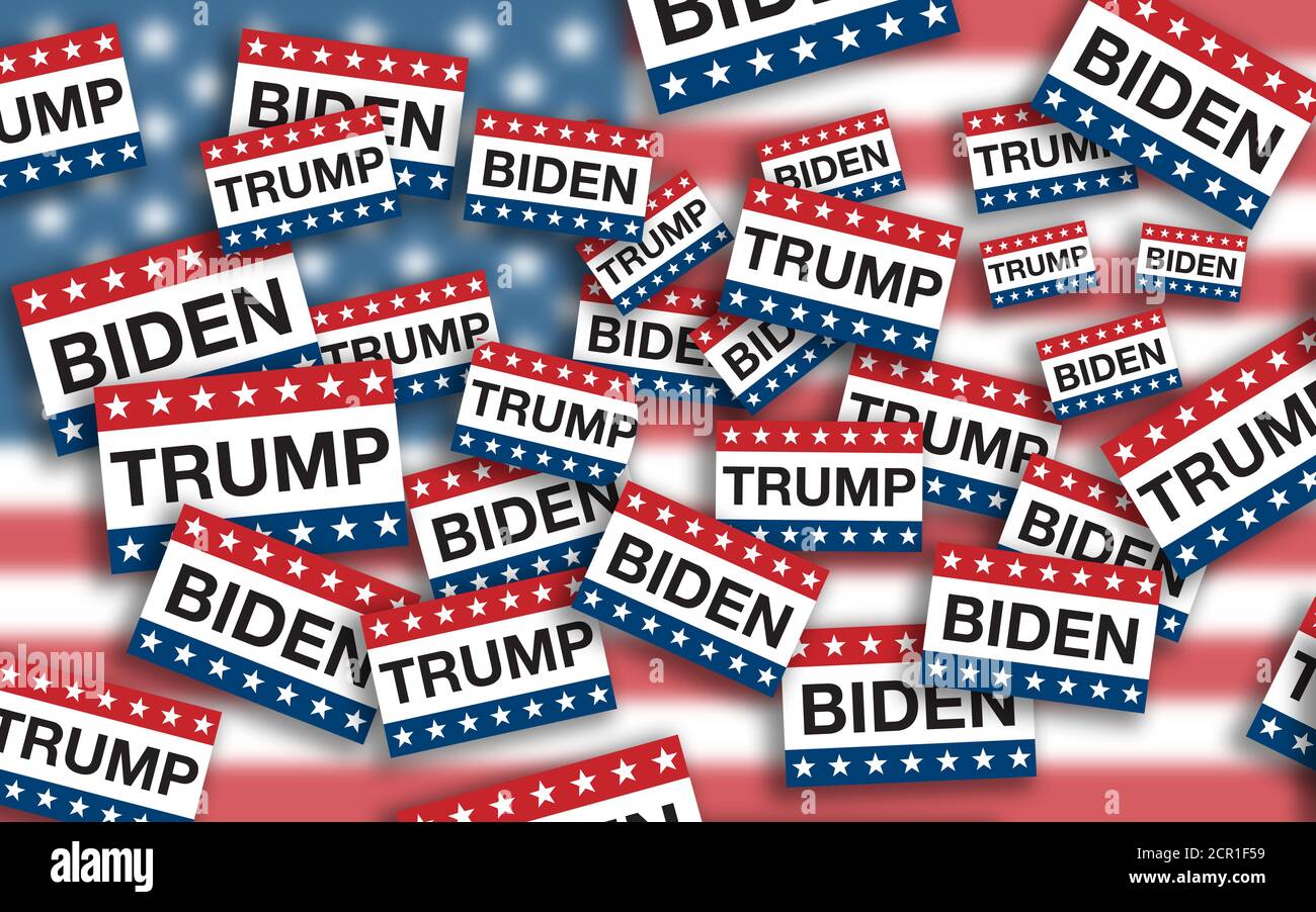 Mucchi di segni di voto con stelle e strisce dal Bandiera americana e i nomi del presidente Donald Trump e. Joe Biden battenti bandiera degli Stati Uniti backgroun Foto Stock