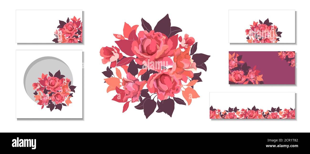 Set di fiori vettoriali. Rosa, rosso, colore corallo rose, cioccolato, foglie d'arancia. Illustrazione Vettoriale