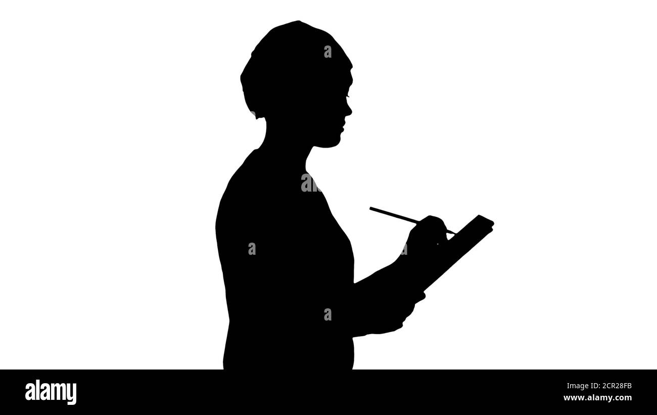 Silhouette medico professionista femmina che prende appunti in medico Foto Stock