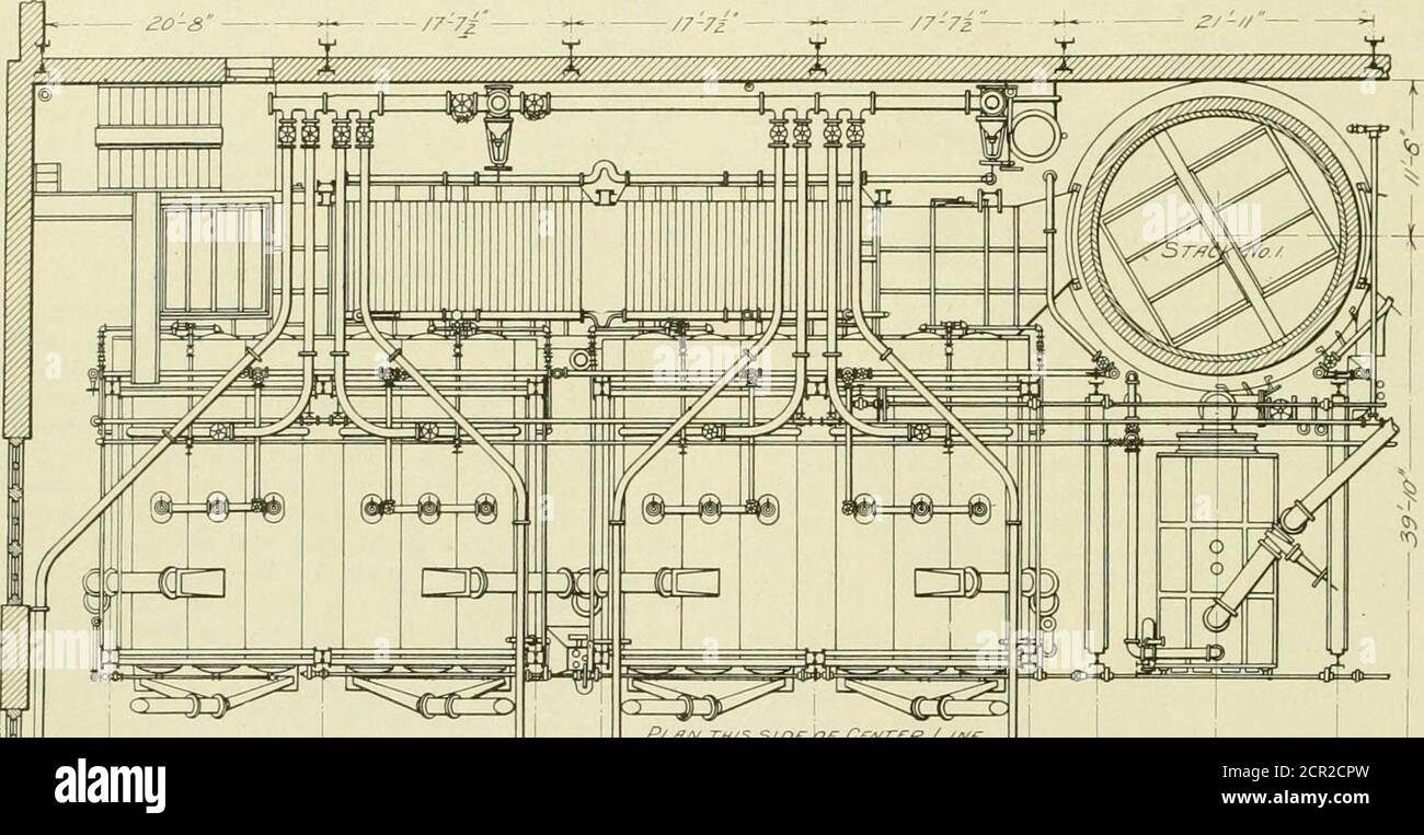 . La rassegna della ferrovia di strada. Diametro interno della porzione rettilinea essendo 17 ft. 10 poll. In basso e 16 ft. In alto. Sono rivestiti in tutto con mattone che è sostenuto a in-tervals di 20 ft. Con anelli Z-bar rivettati intorno all'interno del thestack. Ciascuna pila presenta sei aperture, due nel basamento per i fumi, due per i fumi della caldaia al primo piano e due per quelli al secondo piano. Queste aperture sono tutte fortemente reforzate con piastre e angoli. Ogni pila è fissata ai suoi generatori di fase a 11,000 volt del tipo a campo rotante. Theturbines sono del Westingh Foto Stock