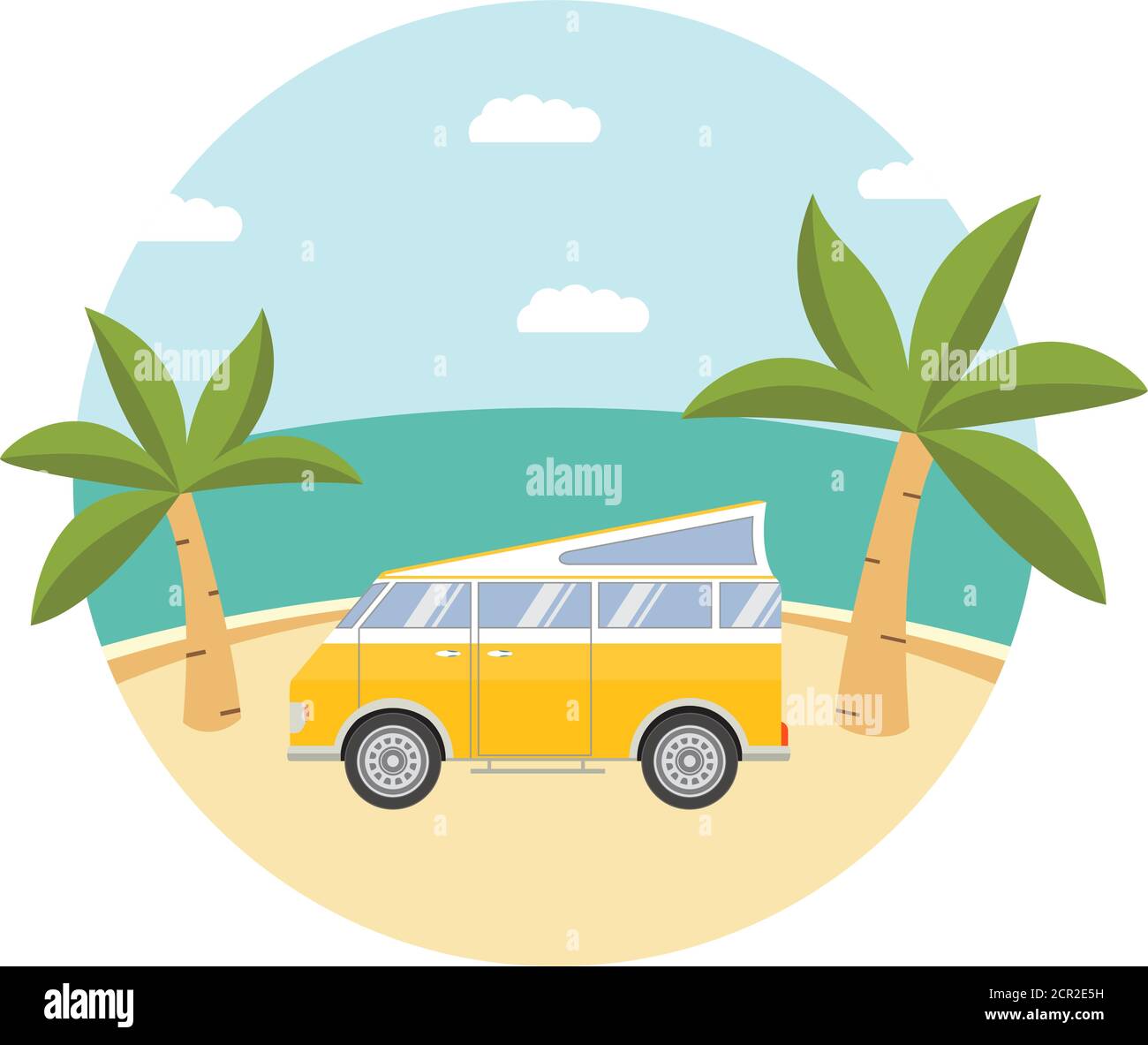 Paesaggio tropicale estivo con le palme sabbiose e il camper turistico. Illustrazione Vettoriale