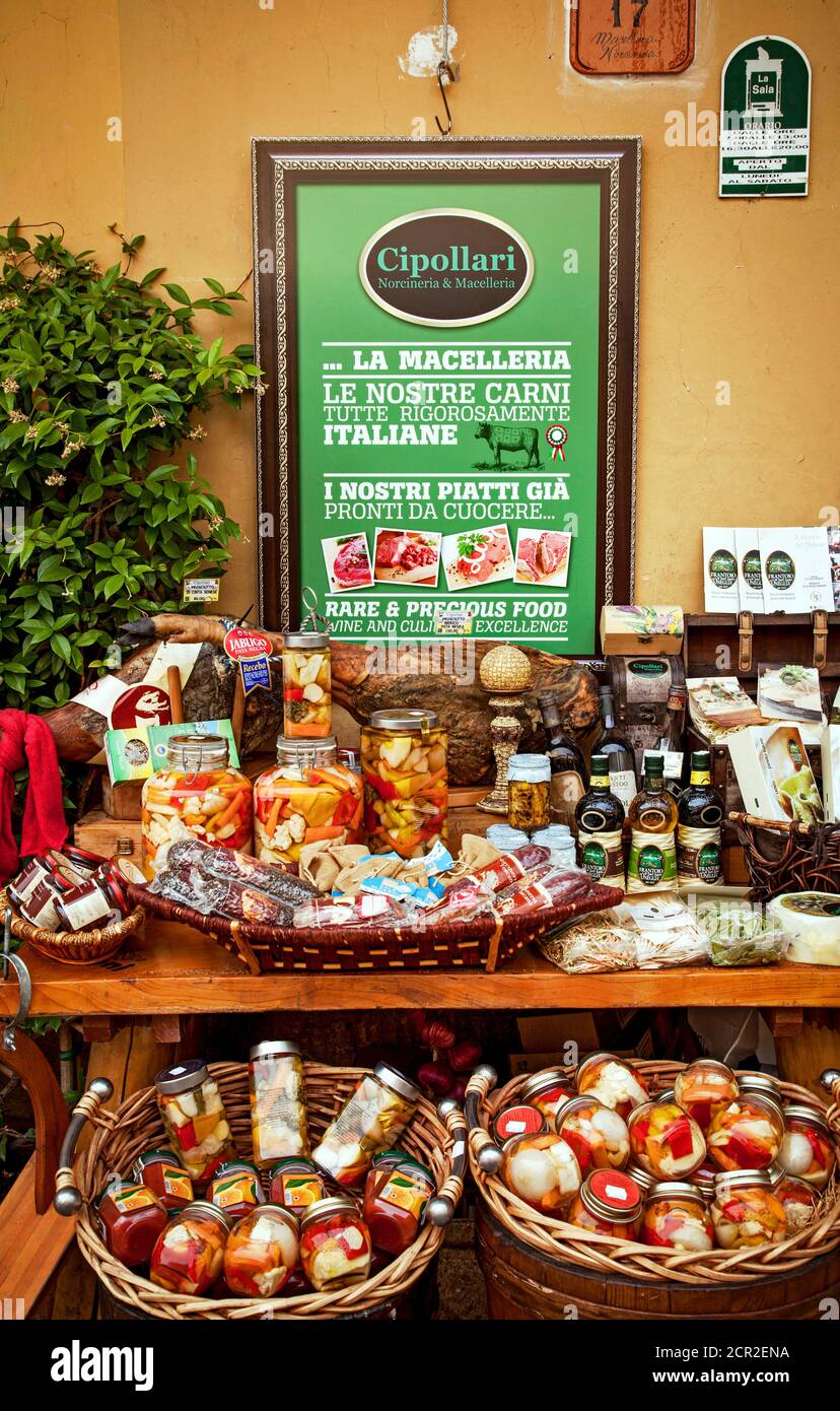 Tavola, delicatessen, Pistoia, Toscana, Italia Foto Stock