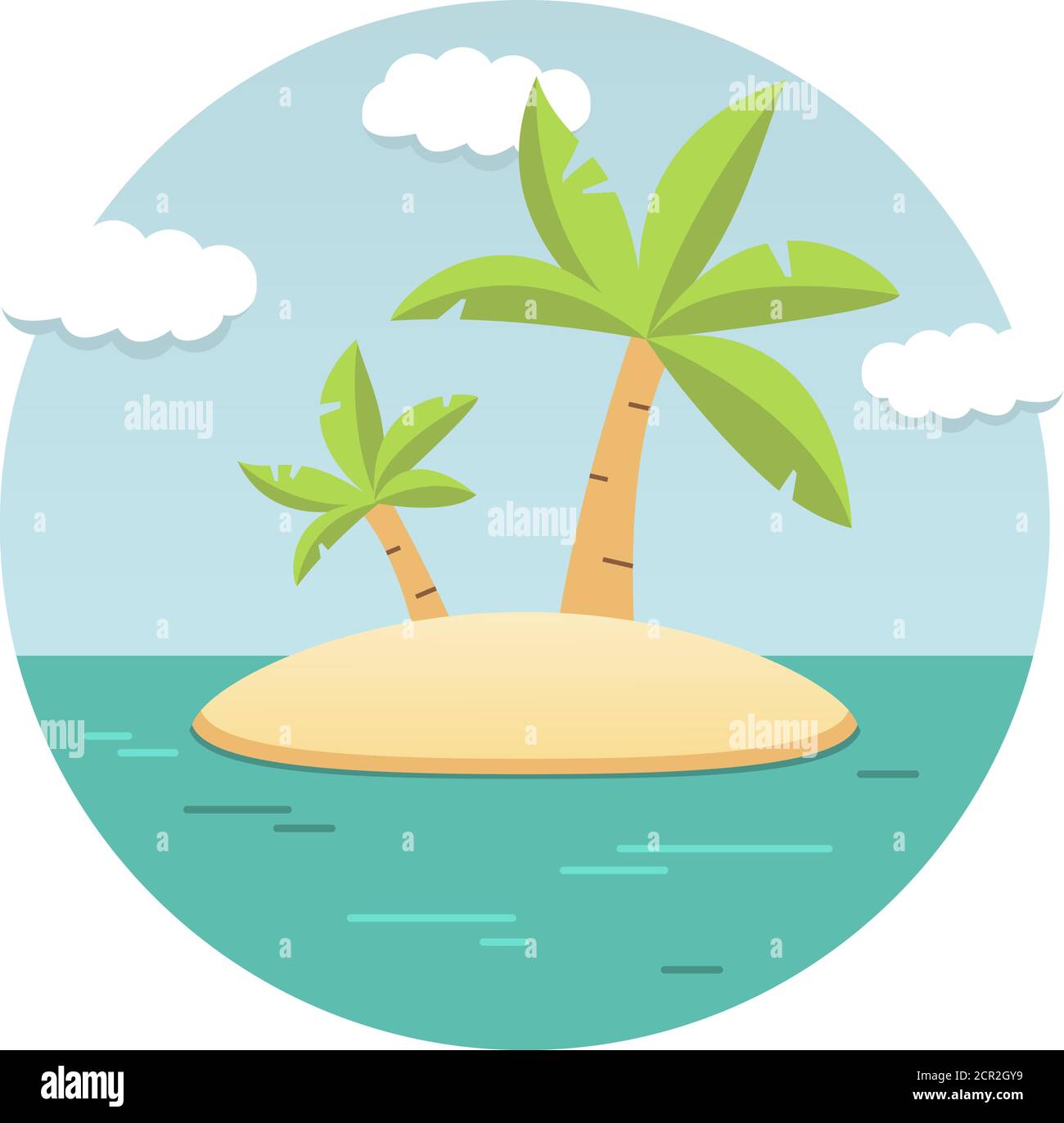 Paesaggio estivo dell'isola tropicale nell'oceano con palme piatte. Illustrazione Vettoriale