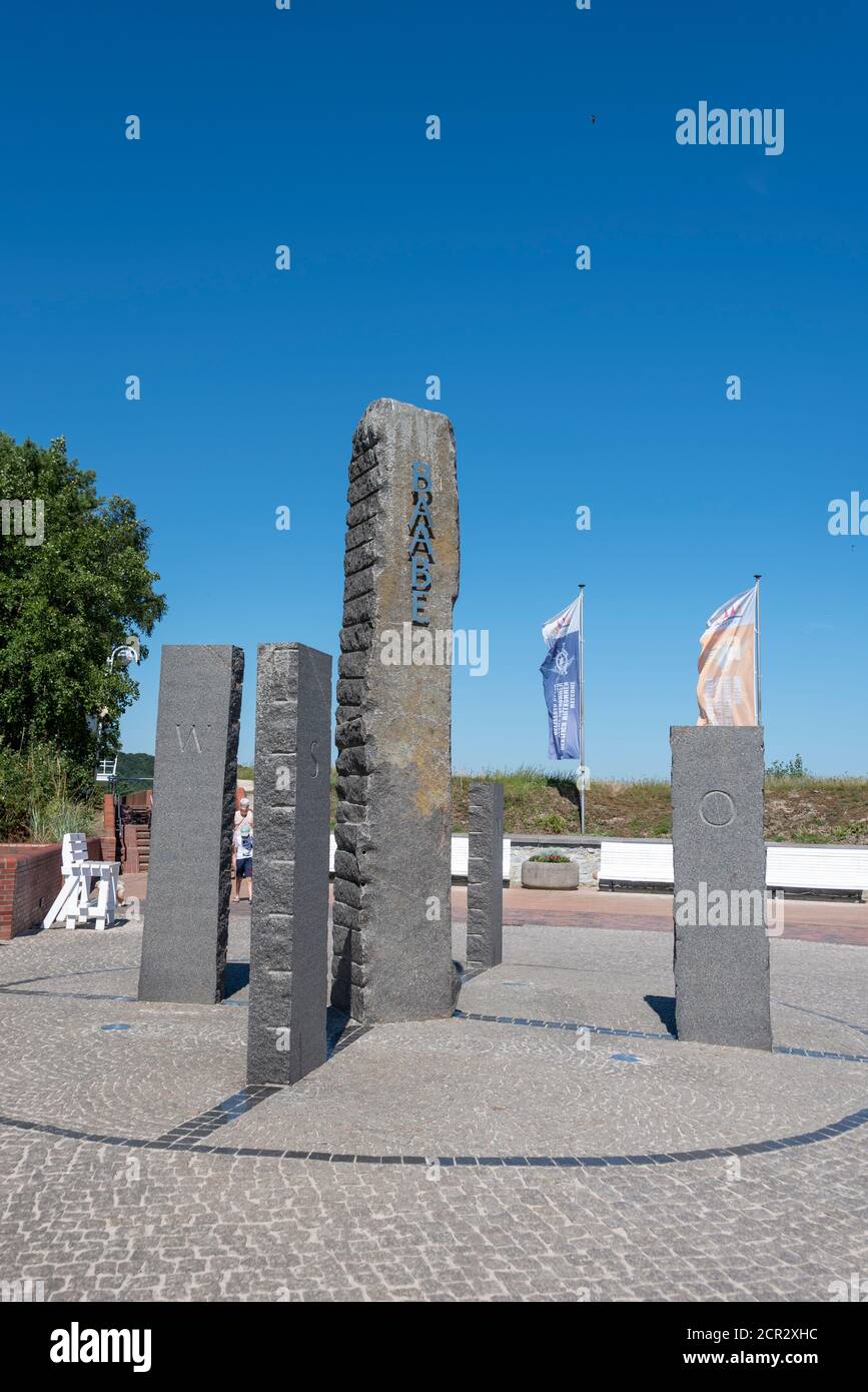 Germania, Meclemburgo-Pomerania occidentale, Isola Ruegen, Ostseebad Baabe, bussola presso l'accesso alla spiaggia Foto Stock