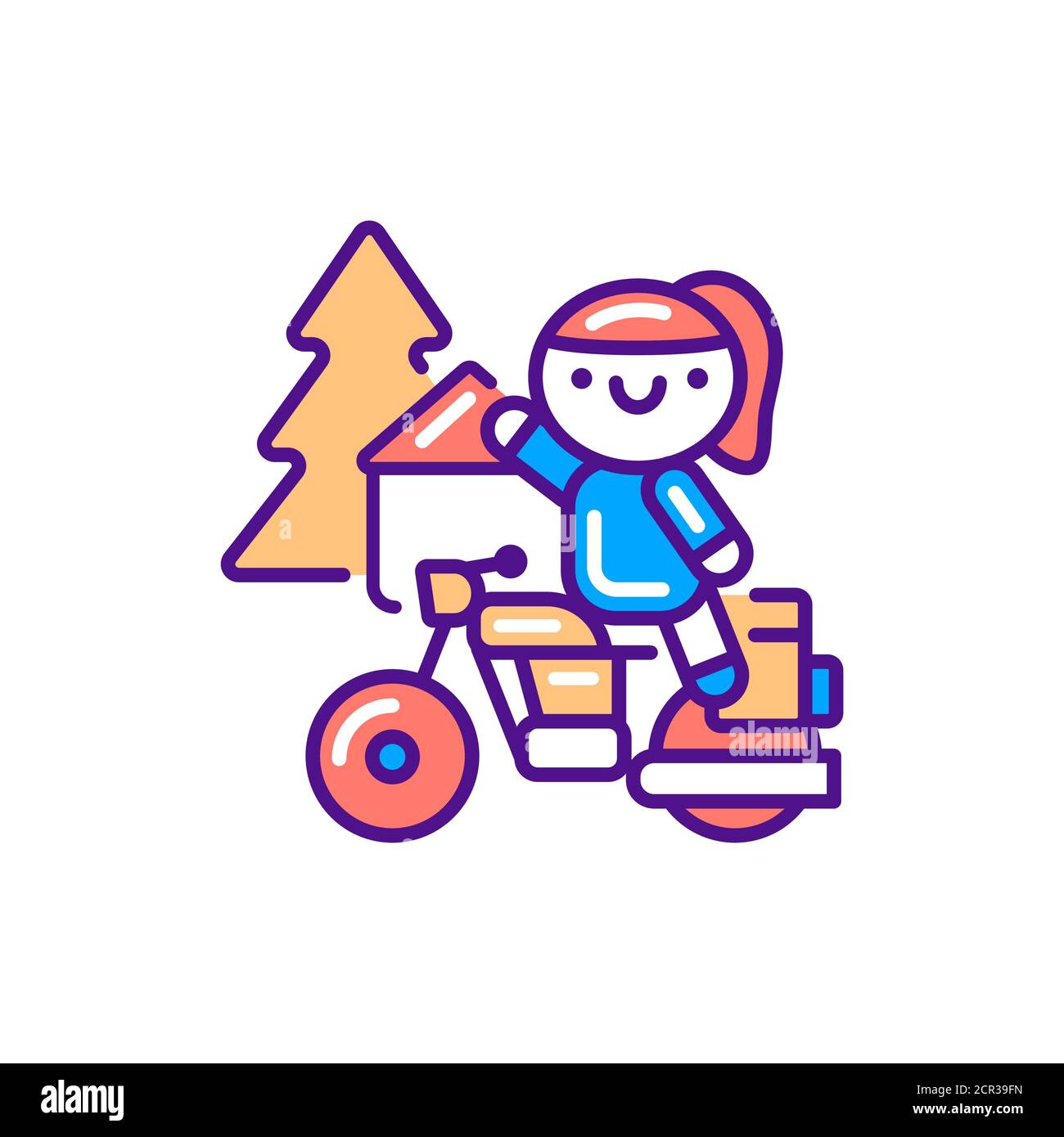 Cute ragazza su icona di colore di linea del motociclo. Attività all'aperto pittogramma kawaii. Accedi alla pagina Web, all'app mobile, al pulsante, al logo. Elemento isolato vettoriale Illustrazione Vettoriale