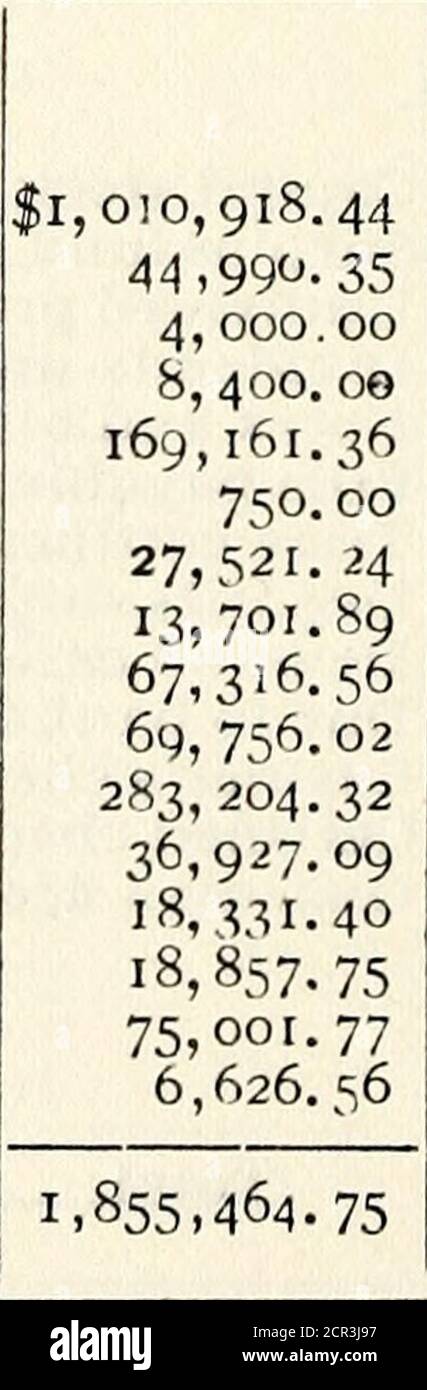 . Relazione annuale della North Carolina Corporation Commission per l'anno conclusivo .. . s Cash ITEMS moneta d'oro moneta d'argento Banca nazionale cotes varie totale €5, 742,142, 30, 90,292, 10,164, 59. 7«, 274, 1,831, 157, 199, 70,331296, 934.47262.03 000. 00858.95331.466674.00S64. 76 479. 25 001. II 776.4550;. 23970.07724. 17969.44,704.27813.43 9, 774, ,09 PASSIVITÀ. Capitale stock eccedenza fondi profitti non divisi dividete ds non pagate Note scontate fatture tempo pagabile depositi soggetti a verifica. Certificati di domanda dovuti a cashieri assegni certificati assegni vari totale. €2,120,80 Foto Stock