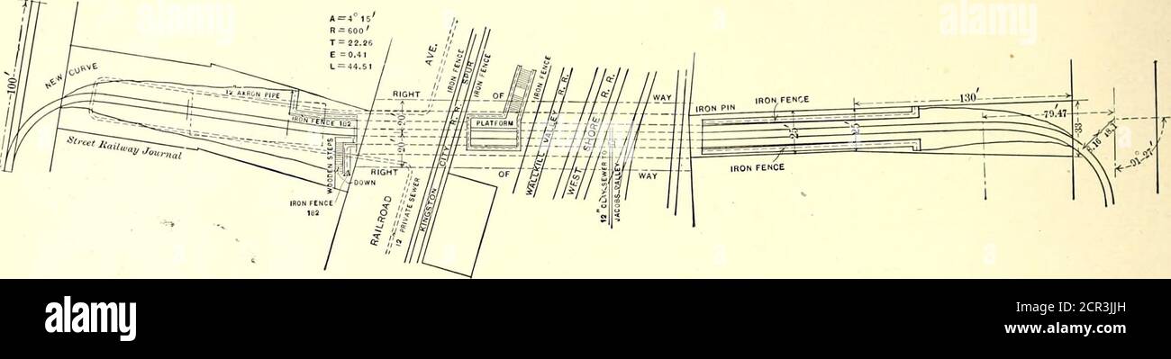 . Il giornale ferroviario di strada. H mattone smaltato bianco; il tetto è di trogoli di acciaio aperto, con una resistenza alla trazione di 60,000 lbs. Pollici persquare. Le piastre e gli angoli che compongono le vaschette del sistema a pavimento solido sono stati coperti con asfalto, asfalto in miscela e trentina di parti di catrame di carbone. I fondi sono stati poi riempiti con un legante composto da ]-in.clean, ghiaia affilata e composizione di pavimentazione di asfalto n. 4, 862 STREET RAILWAY JOURNAL. [Vol XV N. 12. Nelle proporzioni di 1 cn. Ft. Di ghiaia a 1 gal. Di composizione di pavimentazione. C'è un ingresso alla metropolitana dalla piattaforma di Th Foto Stock