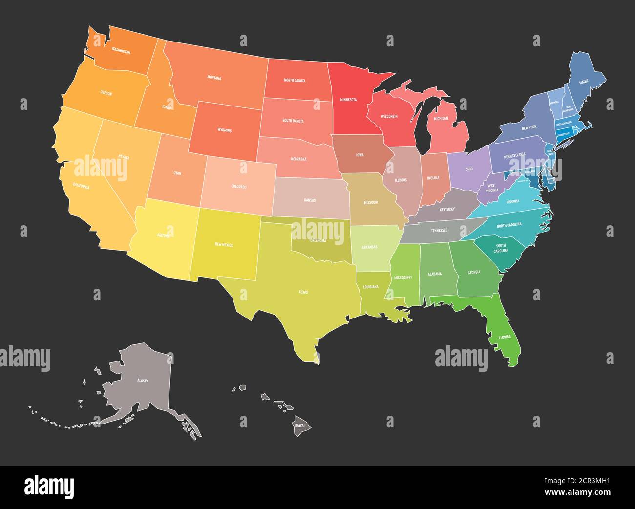 Mappa degli Stati Uniti d'America, in colori dello spettro arcobaleno. Con nomi di stato. Illustrazione Vettoriale