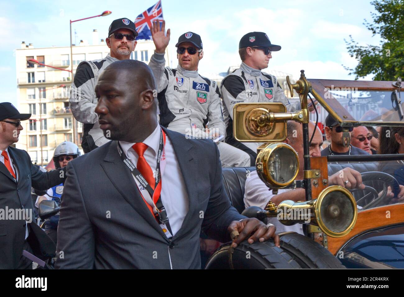 LE MANS, FRANCIA - 13 GIUGNO 2014: Patrick Dempsey e la sua squadra a le mans, Francia. Foto Stock