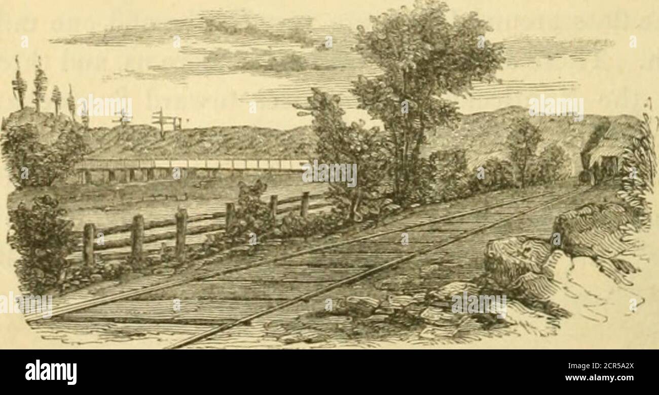 . Harpers' New York e Erie guida ferroviario-stradale libro .. . 144 GUIDA-LIBRO DEL hamton a Owego passa anche lungo la montagna, e da molti dei suoi punti alti domina la strada e il fiume. Da uno di questi punti, tre miglia beyondUnion, la vista è davvero superba come si guarda verso ovest, e vedere la collina rotonda vicino a quel villaggio che si erge, come tumulo, dalla vasta pianura, mentre subito sotto di noi la Sus-quehanna, da una delle sue graziose curve, si estende molto a fianco della ferrovia, avvolgimento filiforme tondo ilaltezze a sinistra. Lasciando questo squisito punto di scenario, entreremo presto in una regione Foto Stock