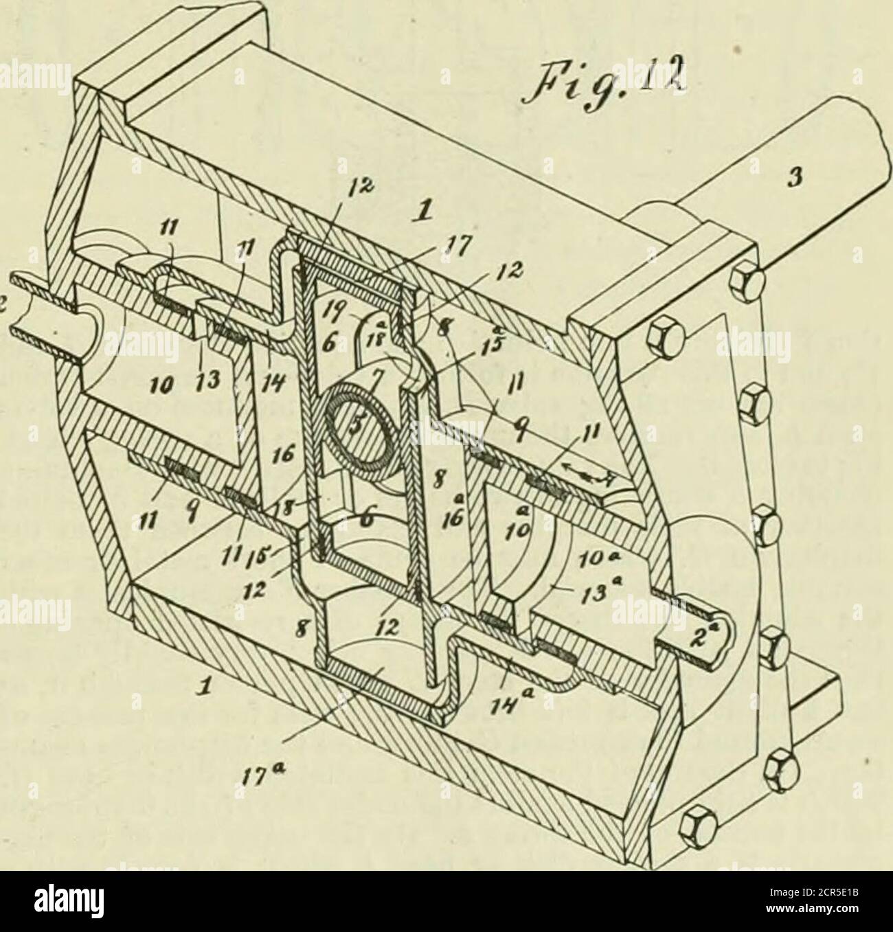 . Tra la canna 8 e l'estremità del pistone 10, il tecnico americano e il perno ferroviario faranno sì che il cilindro 9 venga spostato nella direzione della freccia A, e far muovere la manovella 5 delpiede 3 di un altro quarto del suo giro, che porta il pistone 6 nella sua posizione inferiore. Le luci 13 e 14 sono ora aperte per immettere vapore o aria nella camera 17al di sotto del pistone 6. Ciò provoca il movimento verso l'alto delpistone 6, e fa ruotare la manovella 5 nel terzo quarto di giro, e sposta ancora il cilindro 9 nel senso della freccia A. a mano a mano che la manovella 5 si complica Foto Stock