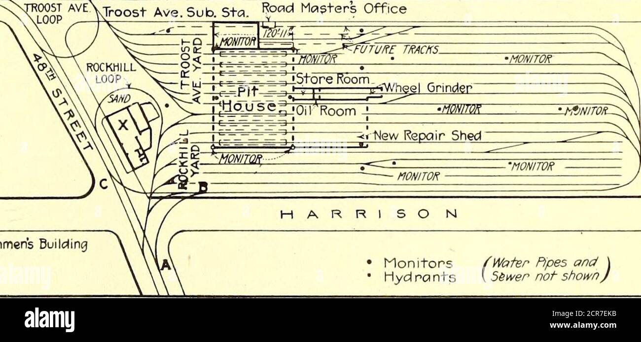 . Giornale ferroviario elettrico . / N - / T ROOST AVE. ^ Jroost Ave. Sub. SFA. K°ad Masters Office. X=Trainmens Building MonitorsMyd ra nts f Water Pipes and JI Sewer Not Shown J OLD AND NEW ARRANGEMENTS OP TROOST AVENUE YARDTracks numerato da 1 a 18 da Ovest a Est a Nord fine di Yard interamente da altri lavori in negozio è stato costruito.Track riparazioni e il ripristino di le vetture formerlyhemed da portare avanti in aperto, la casa pit beingthe unico rifugio nel layout originale e questo, naturalmente, non è stato adattato a gran parte di tale lavoro a causa dei box. Come risultato si è aggiunto al Foto Stock