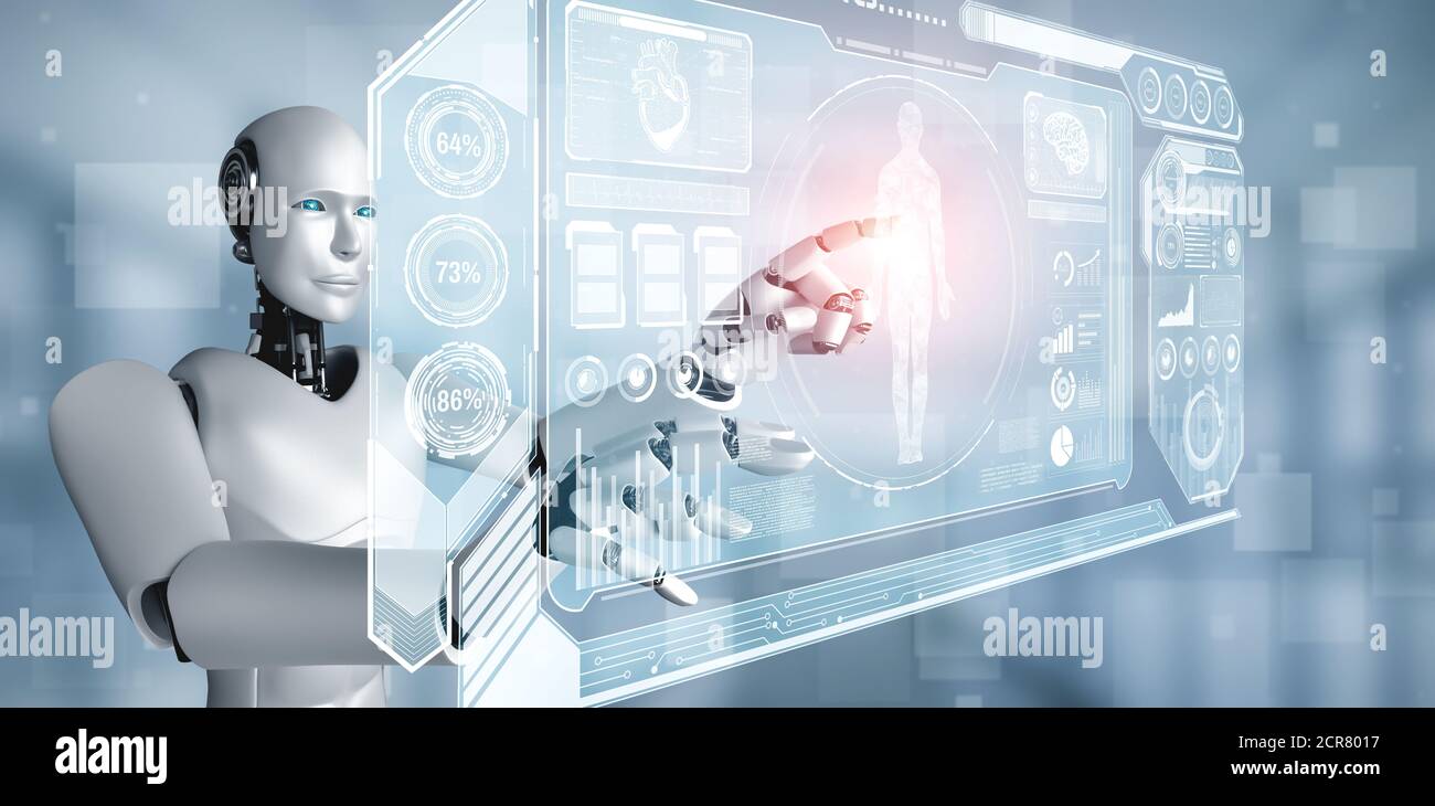 Tecnologia medica futura controllata dal robot ai utilizzando l'apprendimento automatico e intelligenza artificiale per analizzare la salute delle persone e dare consigli sulla salute Foto Stock