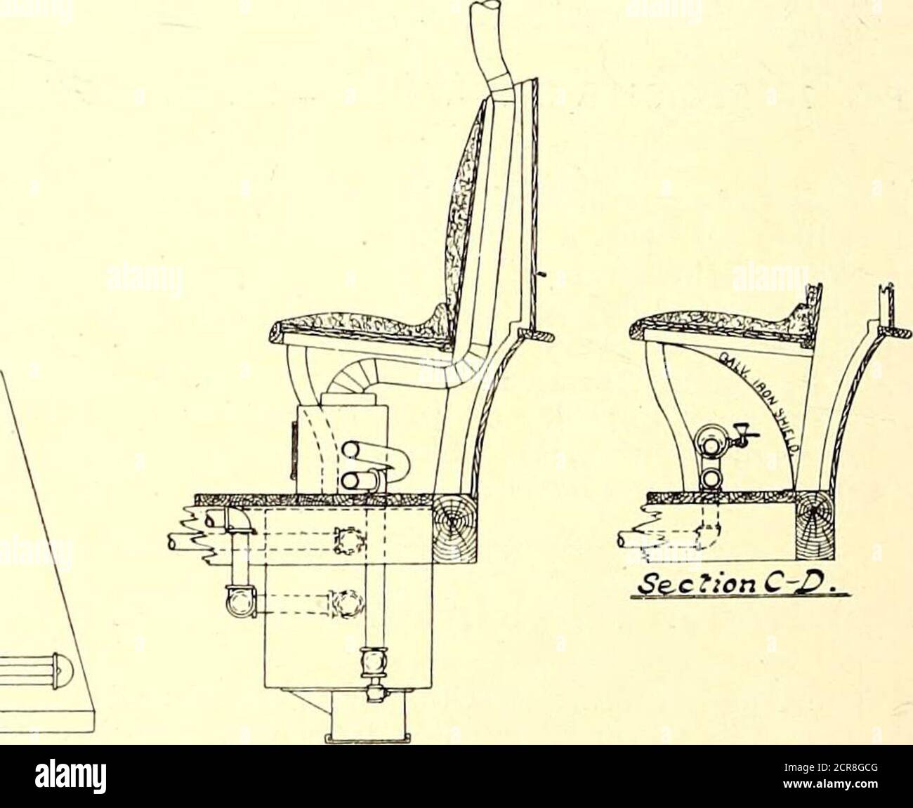 . Il giornale ferroviario di strada . FIG. 1. - DISPOSIZIONE GENERALE DELL'IMPIANTO DI RISCALDAMENTO - RISCALDAMENTO DI SICUREZZA DELLE AUTO &. ILLUMINAZIONE CO. Con il dispositivo. In quest'ultima vista i tubi di circolazione sono chiaramente mostrati. L'estremità superiore della stufa è dietro lo schermo vicino ilcentro dell'automobile ed il tubo di fumo con un guscio protettivo è shownbehind lo schienale del sedile. Un piccolo fuoco di carbone, quattro a sei pollici profondo isused, e da ventiquattro a trenta libbre di carbone è usato eachventiquattro ore. Dietro i tubi radianti è posto un deflettore di ferro galvanizzato,che getta il calore fuori nella vettura, ed evita le h spiacevoli Foto Stock