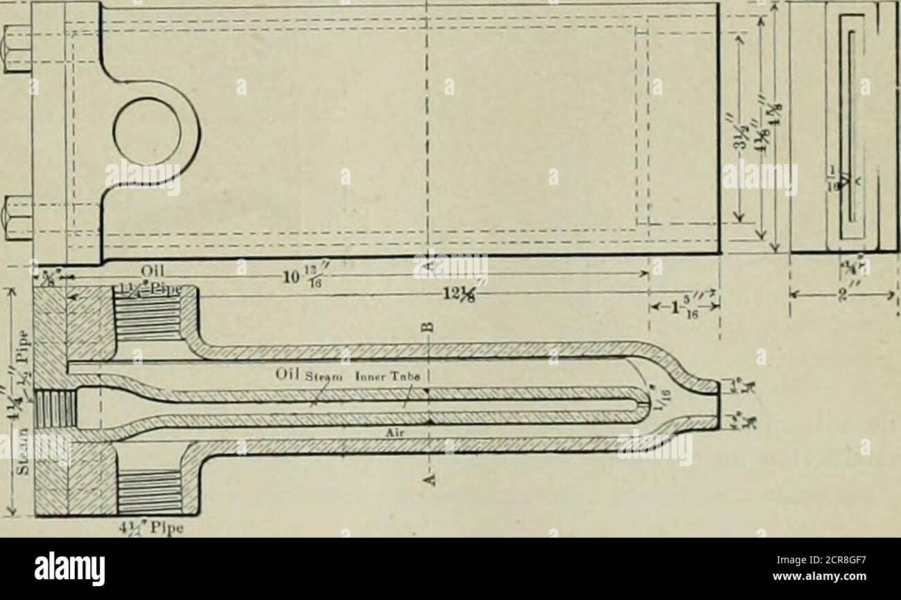 . Ingegnere americano e giornale ferroviario. Posato ai gas caldi, l'unico sur-faccia coperta essendo dove la muratura è estesa fino a proteggere i rivetti nell'anello di fango. Il bruciatore è situato 15 INS. Belowthe anello di fango, e dirige il suo spruzzo sotto l'arco, A, fromwhence la fiamma si diffonde indietro e si distribuisce veryuniformemente attraverso il focolare e tubi. L'ammissione dell'aria è regolata da uno smorzatore nell'estremità posteriore e l'arginatore ammortizzerà ogni lato delle due tramogge nella parte inferiore della vaschetta di cenere in uso. Funziona per induzione e gravità combinate, econseguentemente non richiede pressione i Foto Stock