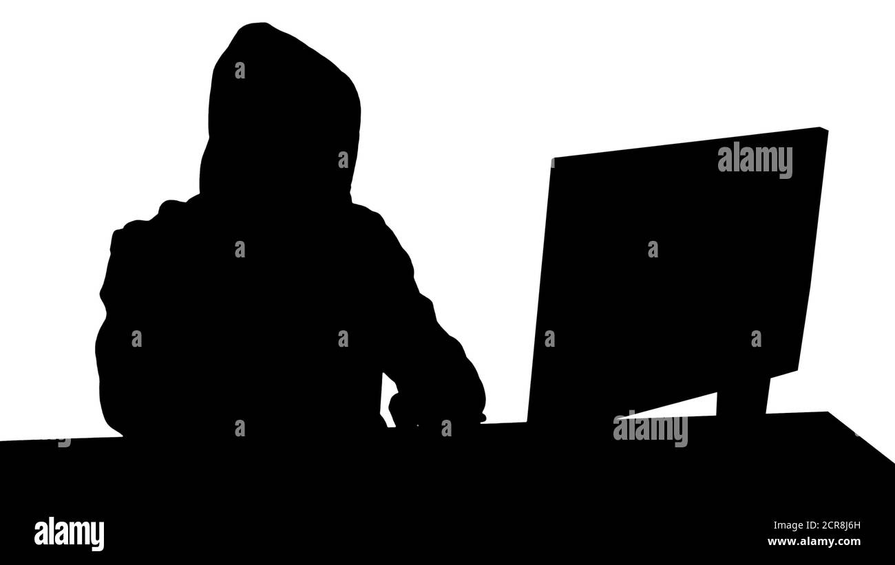 Silhouette hacker esperto risponde a una chiamata. Foto Stock