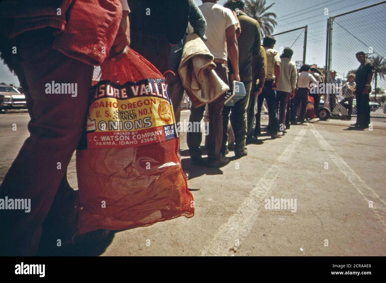 Si torna al Messico per questi lavoratori agricoli che sono stati prelevati dalla polizia di frontiera a Calexico per ingresso illegale, Maggio 1972 Foto Stock