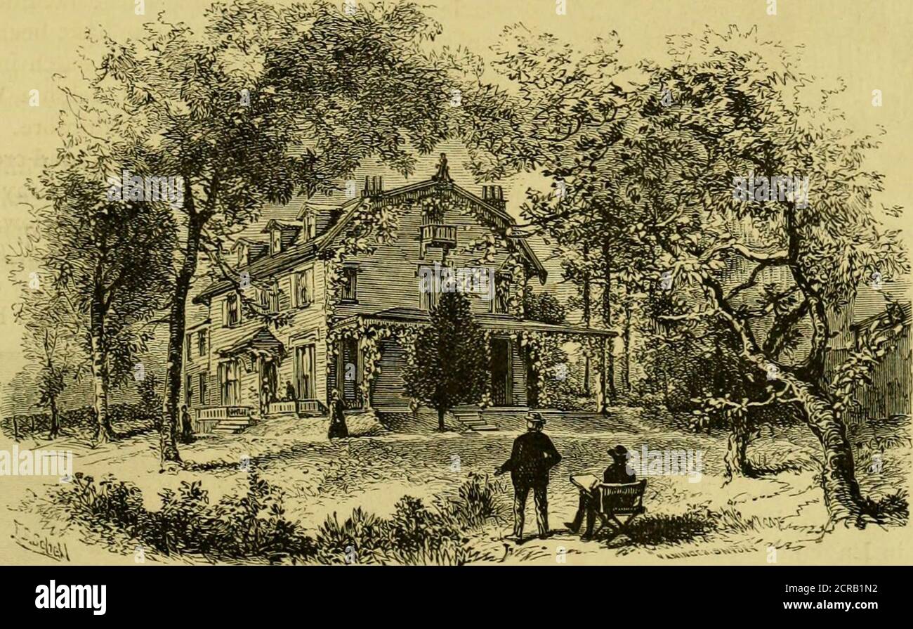 . Filadelfia e i suoi dintorni, e lo scenario ferroviario della Pennsylvania . ben drenato, e offeringnumerosi siti di scelta forsuburbana città, un numero di cui si nota come wepass. Partendo dal deposito oldBaltimore, a Broadstreet e WashingtonAvenue, ci stendiamo lentamente verso il bordo della città a GraysFerry, e attraversiamo qui lo Schuylkill, dove il nome è ancora indugiato fino a quando il traghetto è stato sostituito molto tempo fa, Prendiamo i thecars che sono venuto ridley Park, stazione del ponte. Sopra la strada che collega dai treni di New York, e sono trasportati avanti attraverso. RESIDENZA DEL SIG. F. O. C. DARLEY. • un piacevole c Foto Stock