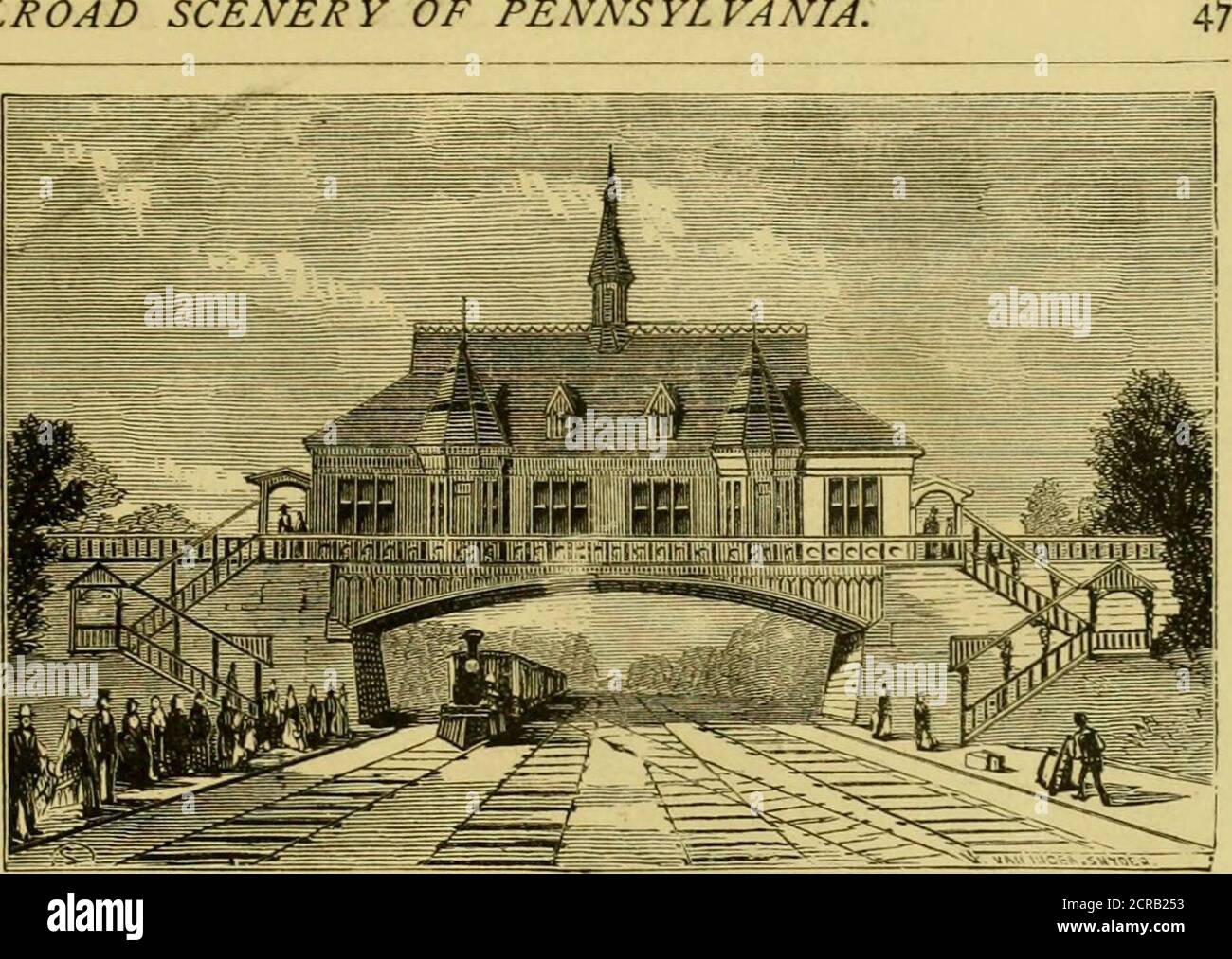 . Filadelfia e i suoi dintorni, e lo scenario ferroviario della Pennsylvania . VISTA DI FILADELFIA DA SHARON HILL. LO SCENARIO FERROVIARIO DELLA PENNSYLVANIA,. Ben drenato, e offeringnumerosi siti di scelta forsuburbana città, un numero di cui si nota come passo-passo. Partendo dal deposito oldBaltimore, a Broadstreet e WashingtonAvenue, ci stendiamo lentamente verso il bordo della città a GraysFerry, e attraversiamo qui lo Schuylkill, dove il nome è ancora indugiato fino a quando il traghetto è stato sostituito da molto tempo fa, prendiamo i thecar che sono venuto ridley Park, stazione ponte. Oltre la strada che collega dai treni di New York, Foto Stock
