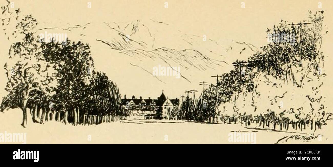 . In California e indietro; . notte sbiadita, e di nuovo quando affonda behindthe feroce catena di montagna tumbled, dorando thepeaks con fuoco rudy, il crepuscolo mentre si allarga come un mare sommergiente silenzioso. La salita, per molti anni, fu spesso parlata di quella tentata. Zabulon Pike è fallito, nel 1806, e mezzo secolo passedafter che prima che il primo sentiero è stato tagliato, fromuld Summit Park, una dozzina di miglia a ovest di mani-tou. Quel sentiero era poco utilizzato, a causa di difficoltà e pericoli. Nei settiestre ulteriori sentieri sono stati costruiti, e nel 1S89 la carrareccia-strada da Cascade W. Foto Stock . In California e indietro; . notte sbiadita, e di nuovo quando affonda behindthe feroce catena di montagna tumbled, dorando thepeaks con fuoco rudy, il crepuscolo mentre si allarga come un mare sommergiente silenzioso. La salita, per molti anni, fu spesso parlata di quella tentata. Zabulon Pike è fallito, nel 1806, e mezzo secolo passedafter che prima che il primo sentiero è stato tagliato, fromuld Summit Park, una dozzina di miglia a ovest di mani-tou. Quel sentiero era poco utilizzato, a causa di difficoltà e pericoli. Nei settiestre ulteriori sentieri sono stati costruiti, e nel 1S89 la carrareccia-strada da Cascade W. Foto Stock