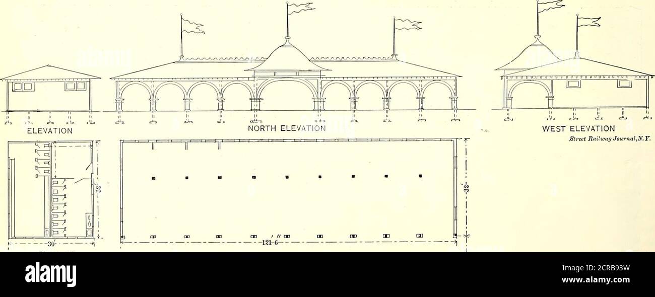 . Il giornale ferroviario di strada . FIG. 5.-IL TEMPIO DELLA PALMISTRIA il macchinario operativo non sarà controllato, come di consueto, dagli assistenti alla base della fontana, ma dalla casa di potenza. Si tratta di un piccolo edificio, 16 piedi x 20 piedi, alto tre stories, costruito ai margini del lago circostante. Nel seminterrato saranno installate due pompe a vite Quinby, con una capacità di 1000 galloni, al minuto. Ogni pompa deve essere collegata direttamente ad un 75-h.p. Motorino Westinghouse. La corrente per il funzionamento dei motori viene prelevata dal circuito del carrello. Al secondo piano della centrale elettrica ci sarà un quadro con così Foto Stock