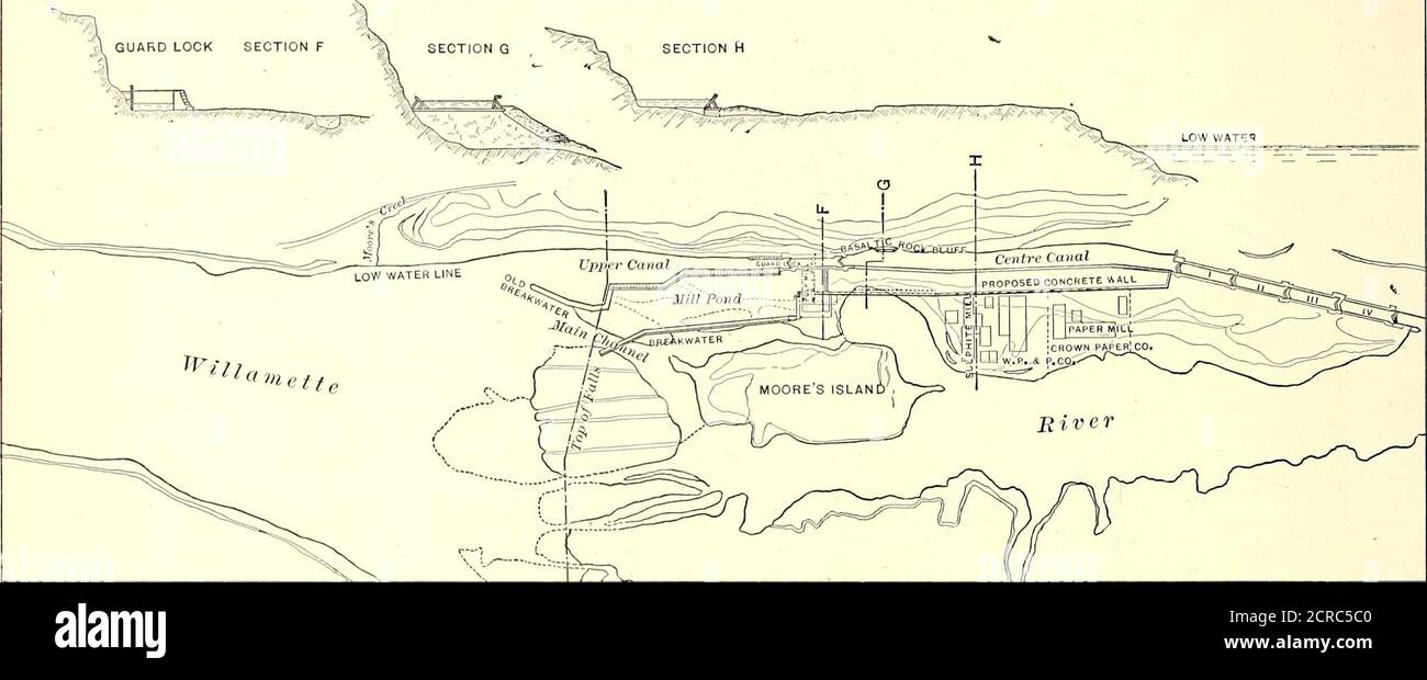. Il giornale ferroviario di strada . di impiegare metodi morecostosi di generazione di energia sul posto. Una Portland General Electric Company, di Portland, Ore., di cui P. F. Morey è presidente, H. W. Goodeis manager, E l’elettricista di W. C. Cheney, è stato organizato due anni dopo, con un capitale sociale di 4,250,000 dollari, ha acquistato l’intera energia idrica abbracciata dalle ricadute del fiume Willamette a Oregon City, a dodici miglia sopra la città di Portland. La capacità minima del fiume a questo punto è stimata a 50,000 availableh. P., sotto una testa di quaranta piedi. La steppa delle thefalls è composta Foto Stock