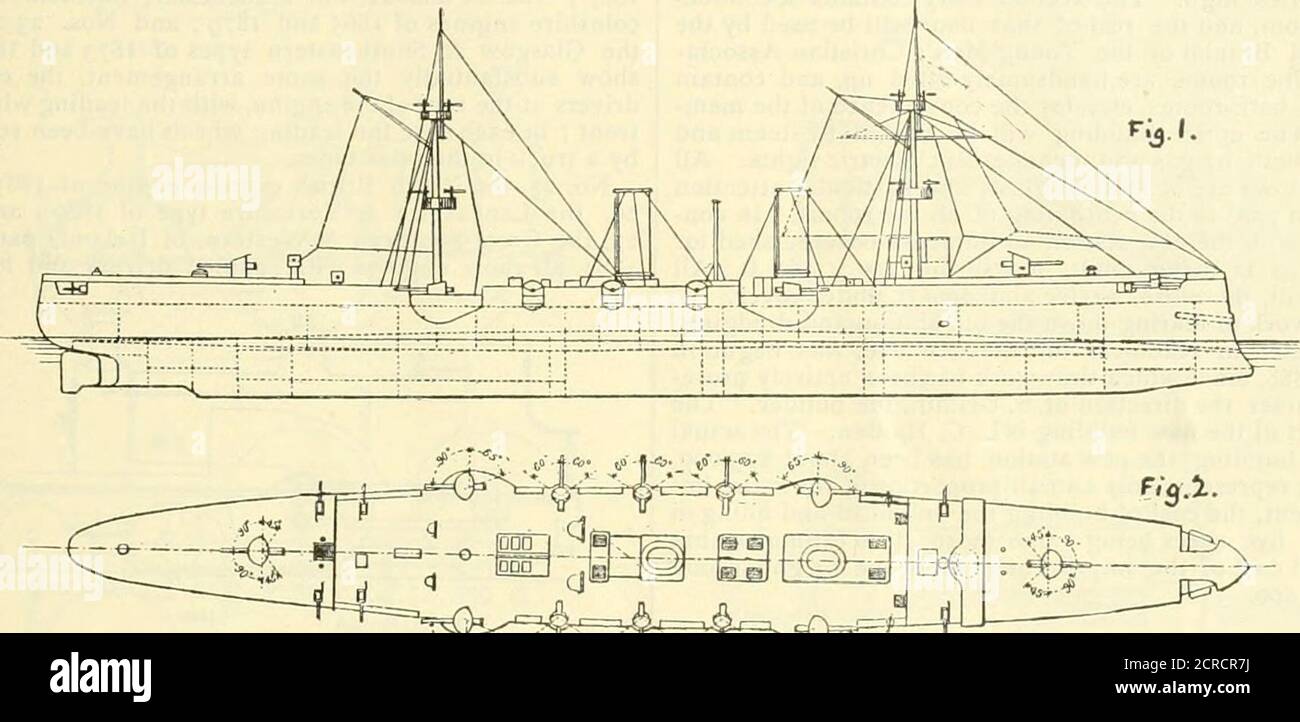 . La ferrovia e la rivista di ingegneria . een gli stessi punti è la linea d'onda a 21 nodi. Durante i viaggi di prova la vibrazione della nave ad alta velocità è stata presa con un sismometro. Era molto piccola, le variazioni dovute al suo movimento non superiore a 0.12 pollici, sia in direzione verticale che orizzontale. Come detto sopra, mentre la normale fornitura di carbone è di 200 tonnellate, la Pieiguontc può stivare in occasione 600 tonnellate ; con questa disposizione può correre 1,950 nodi a piena velocità con ogni trasporto due piattaforme, o combattimenti-top ; i due lowerones sono armati ciascuno con due pistole da 37 mm., i due upperones ciascuno con Foto Stock