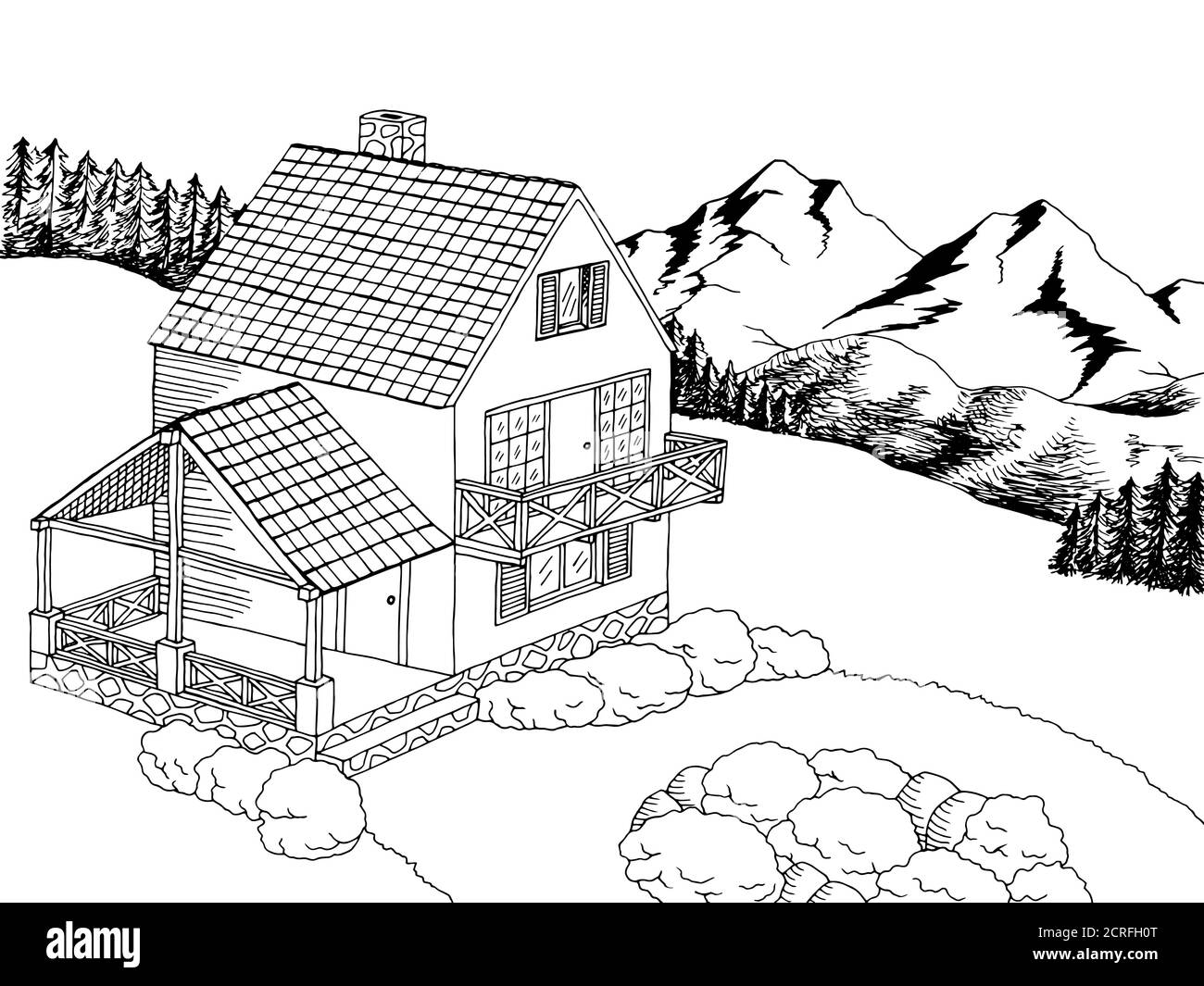 Village casa grafica arte bianco nero illustrazione del paesaggio vettore Illustrazione Vettoriale
