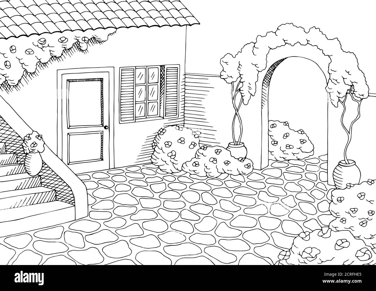 Village casa grafica cantiere arte bianco nero illustrazione del paesaggio vettore Illustrazione Vettoriale