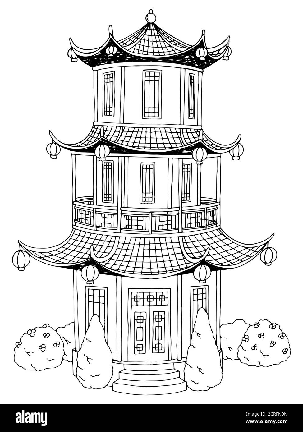 Pagoda grafica arte bianco nero giardino illustrazione vettore Illustrazione Vettoriale