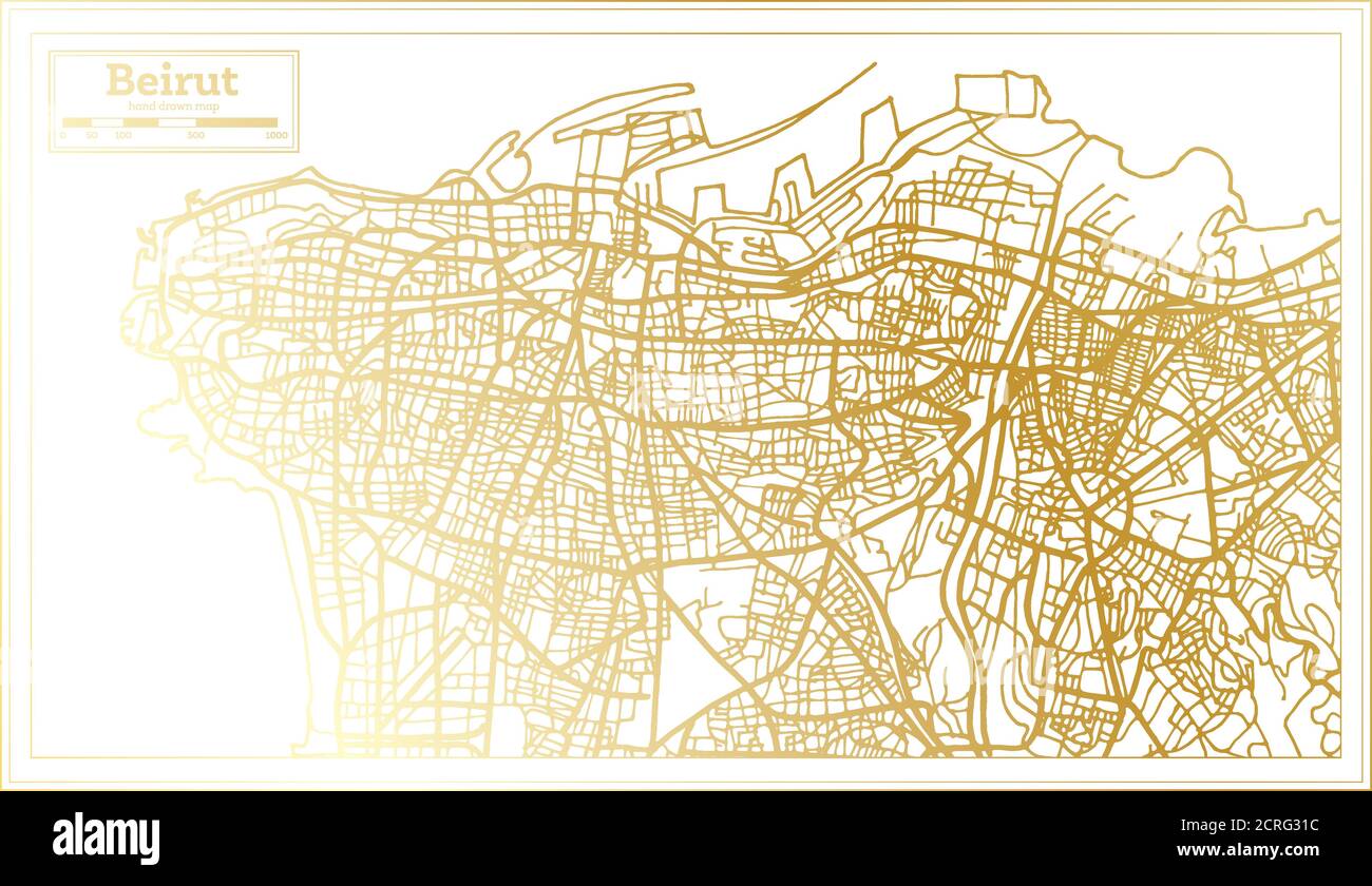 Mappa della città di Beirut Lebanon in stile retro in colore dorato. Mappa di contorno. Illustrazione vettoriale. Illustrazione Vettoriale