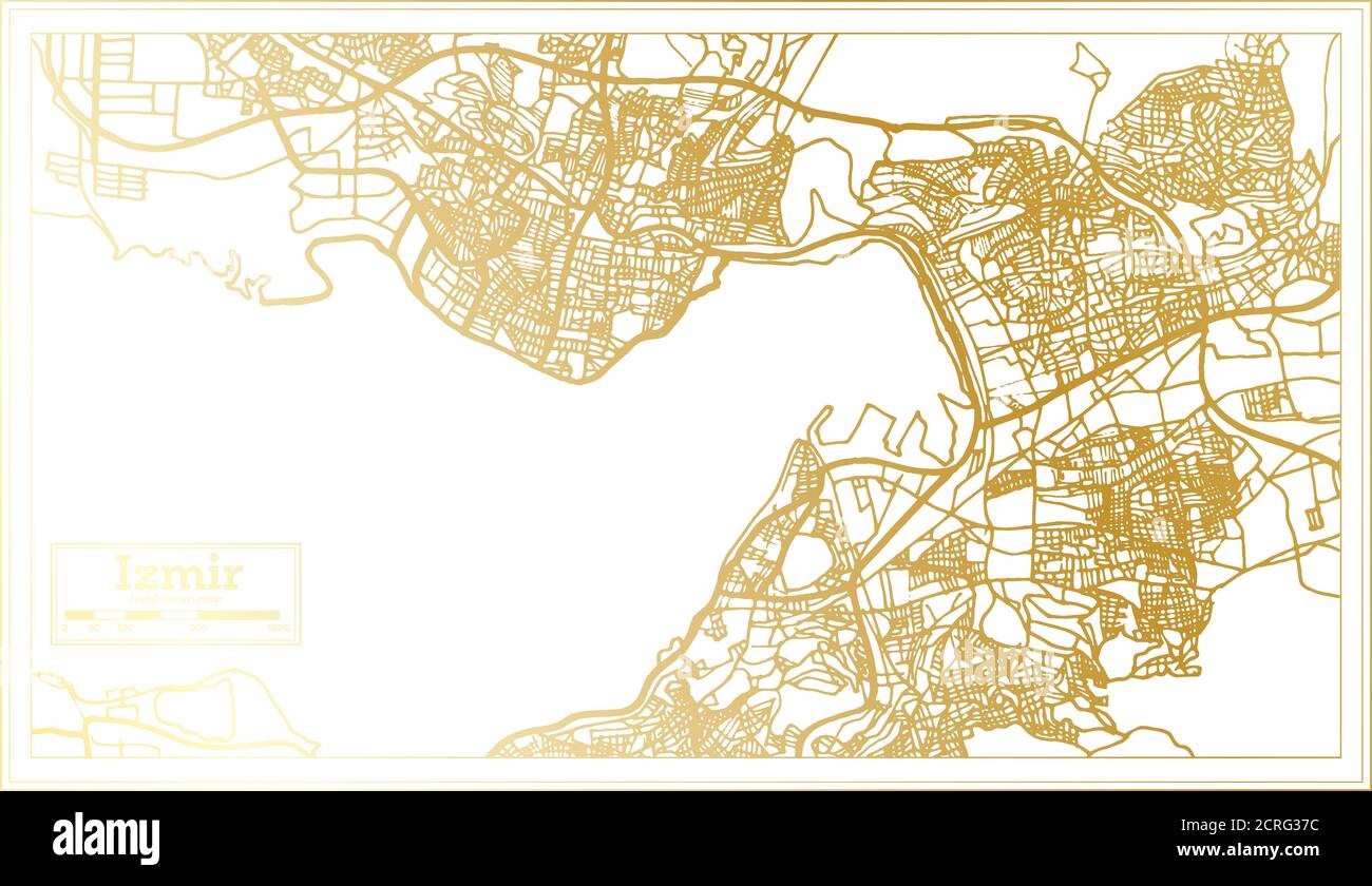 Mappa della città di Izmir Turchia in stile retro in colore dorato. Mappa di contorno. Illustrazione vettoriale. Illustrazione Vettoriale