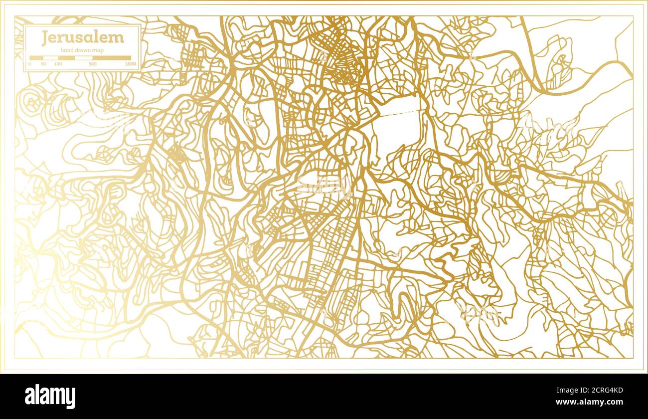 Mappa della città di Gerusalemme Israele in stile retro in colore dorato. Mappa di contorno. Illustrazione vettoriale. Illustrazione Vettoriale