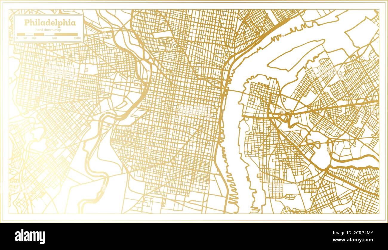 Philadelphia USA Mappa della città in stile retro in colore dorato. Mappa di contorno. Illustrazione vettoriale. Illustrazione Vettoriale