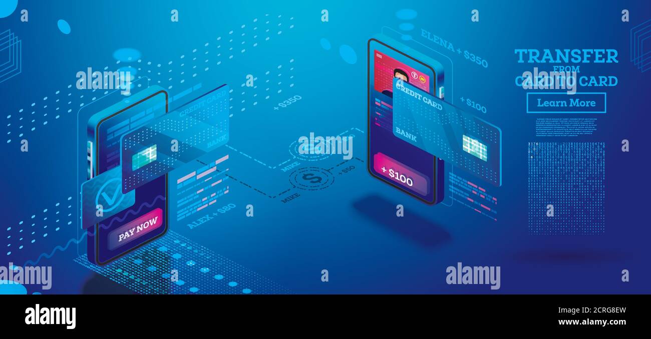 Concetto Isometrico del trasferimento di denaro mobile. Illustrazione vettoriale. Trasferimento di denaro online da carta a carta. Persone che inviano e ricevono denaro tramite servizi bancari Illustrazione Vettoriale