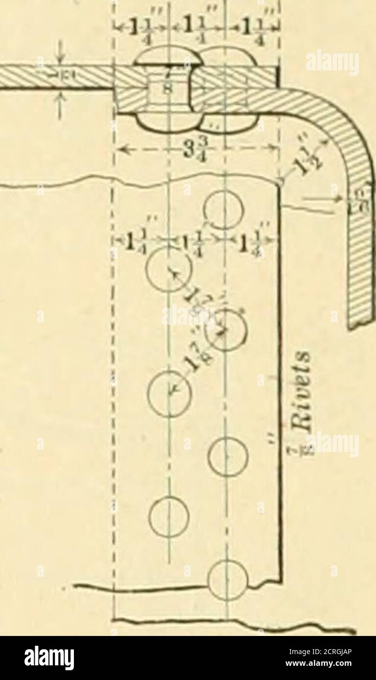 . Ingegnere americano e giornale ferroviario . <^^^? Fig. II.. Fig. 12. CORDONI DI CALDAIA PER LOCOMOTORI ENGLISH EXPRESS. Con rin&lt esterno in acciaio senza saldatura;: Riveleil doppio. L'anello deve essere ruotato all'interno per misurare aud in modo che il diametro esatto sia necessario, quindi deve essere ridotto. I prigionieri E le piantine AH devono essere fissati prima che la caldaia sia testata. Piastra per tubo Smok^-box. - la piastra per tubo smoke-box deve essere spessa} in., la parte superiore e i lati della piastra girata per-ward 2J in., formando un intervallo per la scatola smoke-box, ed è destinata al cilindro della caldaia da un anello senza saldatura conlinuno di acciaio angolare Foto Stock