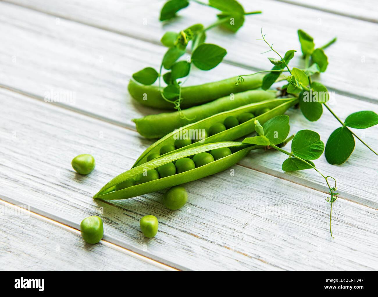 Cialde di piselli verdi con foglie di piselli su sfondo bianco di legno. Cibo biologico. Foto Stock