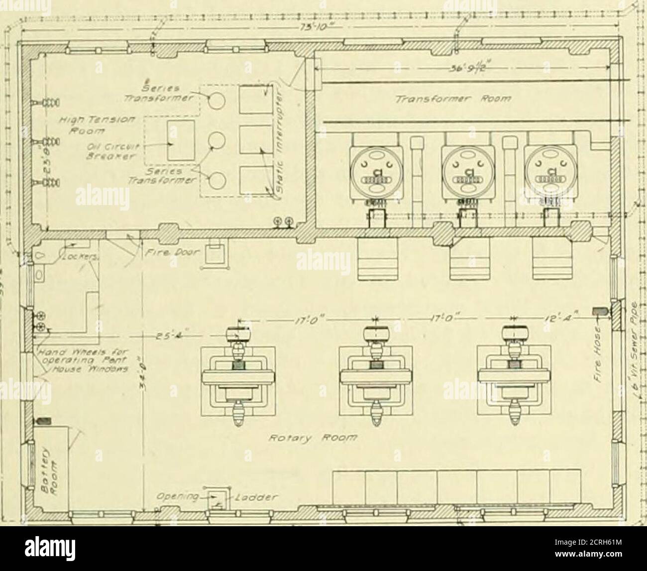 . Rassegna ferroviaria elettrica. Ubstation - Sezione longitudinale Througin alta tensione e Transformer Ro le estremità delle piastrelle, che si trovano all'interno della casa, sono cementepezzi singoli di vetro da %-pollice con fori da 3 pollici nel centro per i conduttori. Simili piastrelle sono sistemate nella parete che divide il locale ad alta tensione dal locale del trasformatore. All'interno della sottostazione, e anche per realizzare connessioni nelle due viste in sezione da cui si vede chiaramente la disposizione di conduttori, scaricatori, interruttori, ecc.. I cavi a bassa tensione dal locale trasformatore equelli che collegano la rota Foto Stock