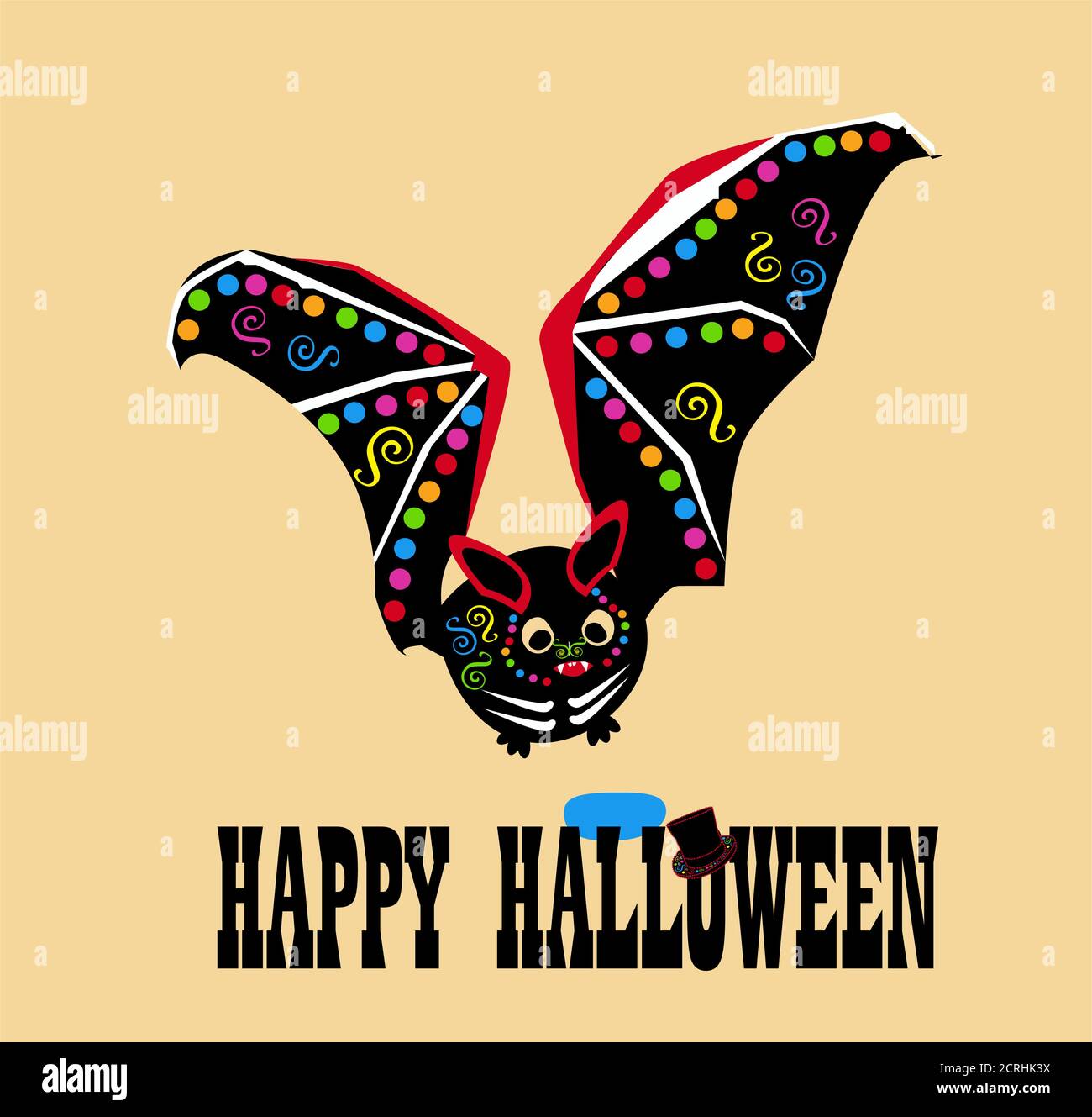Happy sfondo di testo di Halloween con icona colorata bat Foto Stock
