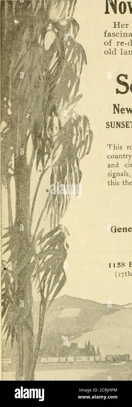 . Attrazioni giornaliere a New York. Informazioni avanzate su mostre d'arte, conferenze, concerti, chiese, teatri, ferrovie, alloggi Pullman, punti di interesse, dove cenare, ecc. .. . UAFAjWr»*^J^*-»^.A^^. Ora, è il momento di visitare la California la sua bellezza, la sua brillante vita cittadina, il suo sole gioioso, hetj affascinante foschia di storia - tutti vi attirano. La gente non si stanca mai di riscoprire la California e mai. È una terra vecchia, vecchia, eppure sempre giovane. Vai là. Rinfrescate la mente e il corpo. Osserva che i biglietti leggano Southern Pacific Coute New Orleans a Los Angeles e San Francisco SUNSET EX Foto Stock