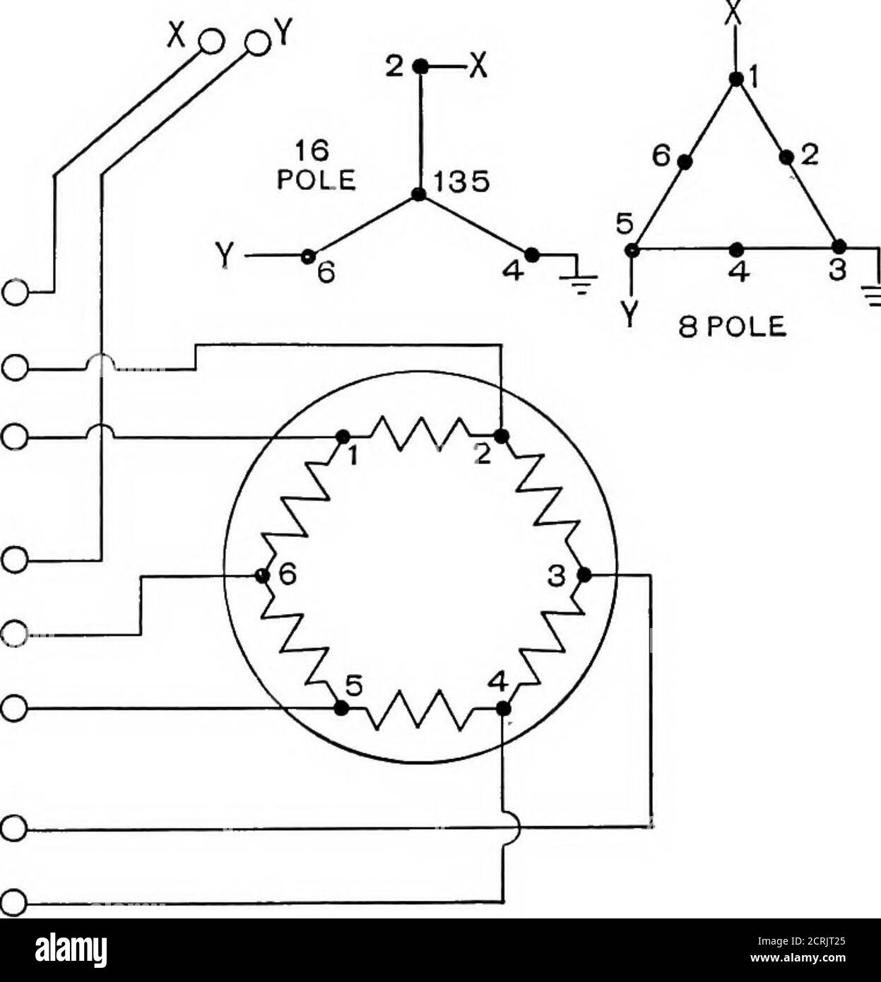 . Ingegneria della trazione e della trasmissione elettrica . A s N A s N A S N A s [8 POLI] [4 poli! 1 2 3 4 5 6 7 8 1 cc ^ SH v  ^ / ) 1 c Fig 1 > 44 nelle due parti 1-2 e 2-3 da un rubinetto 2 al centro dell'avvolgimento. I terminali i e 3 si collegano con gli avvolgimenti delle altre due fasi, che per chiarezza non sono mostrati in questa figura. L'avvolgimento mostrato in Fig. 44differisce dall'avvolgimento usuale del motore ad induzione per il fatto che vengono avvolti poli monolisi alternati. Per produrre un campo magnetico a 8 poli, gli avvolgimenti 2-1 e 2-3 sono posti in parallelo all'altro collegando il rubinetto 2 ad uno dei fili di linea Foto Stock