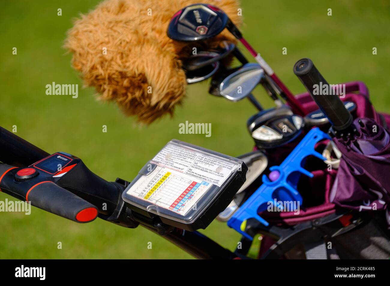 Primo piano della scheda di punteggio di golf allegata al golf cart con golf club Foto Stock