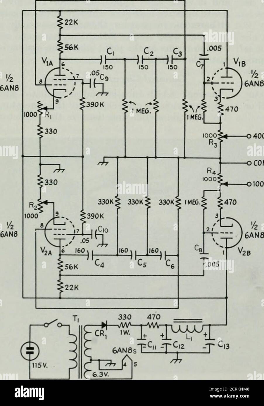 QST . Disposizione dei componenti telaio basso. I due circuiti  oscilla-tor-buffer sono valori di identificazione nel circuito ma non valori  di componente. I tre condensatori elettrolitici nell'alimentatore sono  contenuti in un'unità