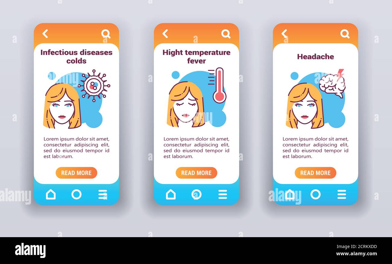 Malattie infettive sulle schermate di onboarding delle app mobili. Illustrazione Vettoriale